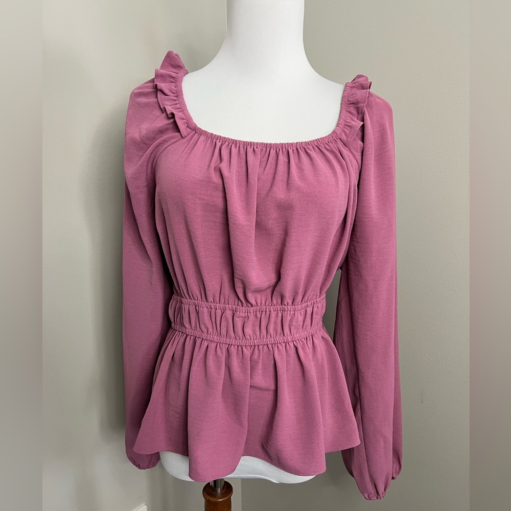 Nine West Mauve Long-Sleeve Peplum Blouse